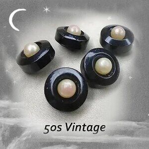 Vintage Buttons Black with Faux Pearls 50s 1950s Button Set